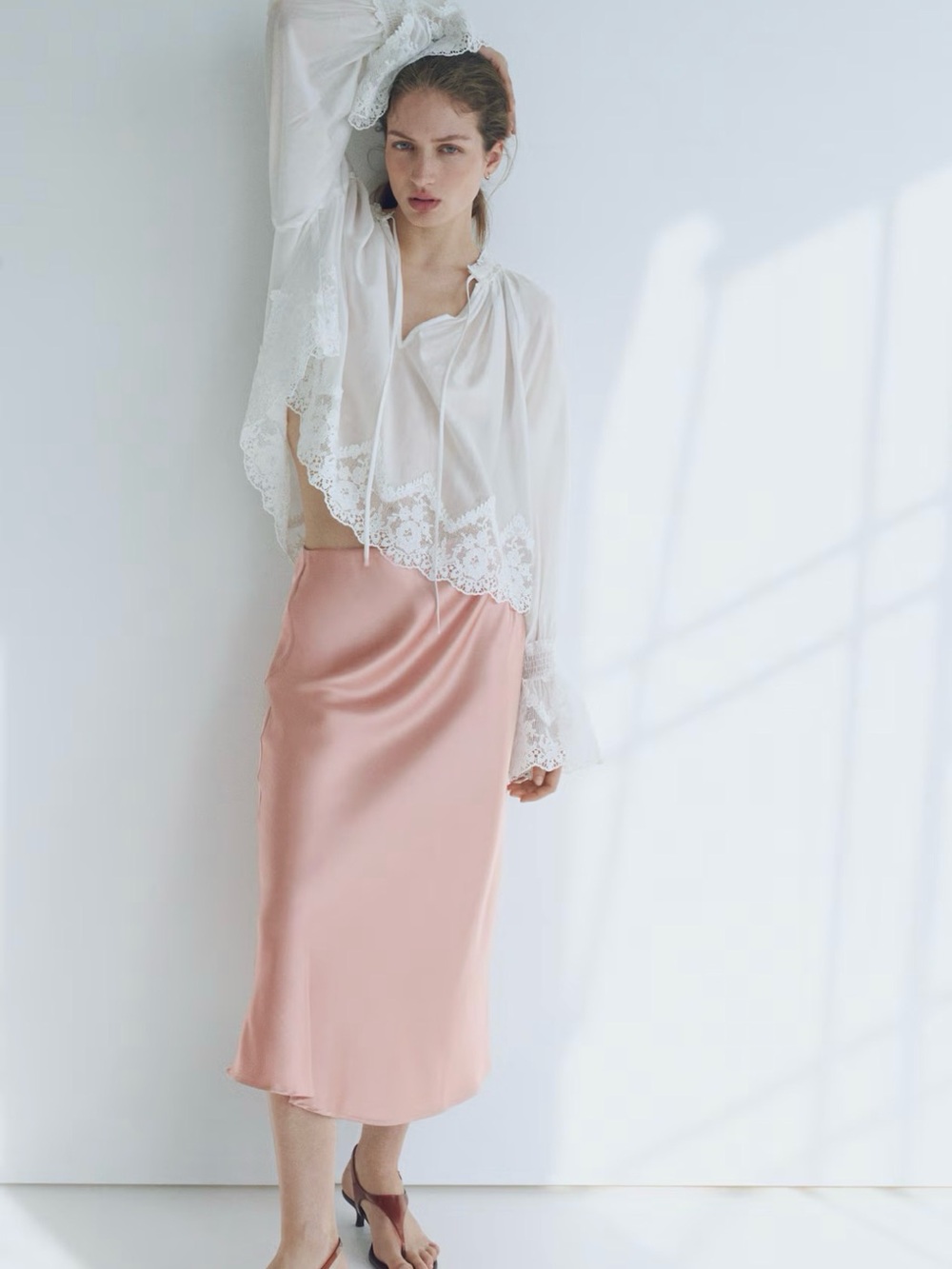 H&M Blush Pink Satin Midi Skirt